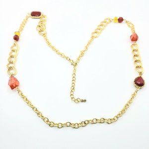 Gold necklace with red gemstones, 37 inch chain